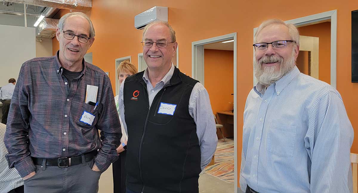 Photo: Kevin Harper and David Blittersdorf, Stoney Hill Property partners, and Fred Kenney, ACEDC Executive Director at All Earth Renewables Open House. 