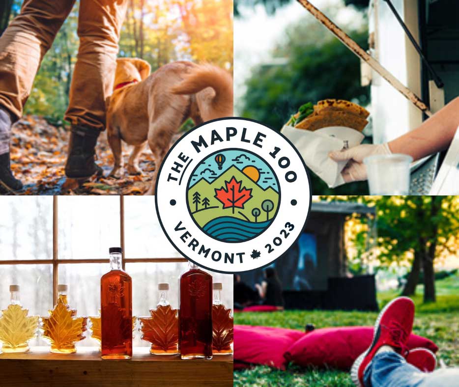 Four maple themed photos with the Maple 100 logo in the center