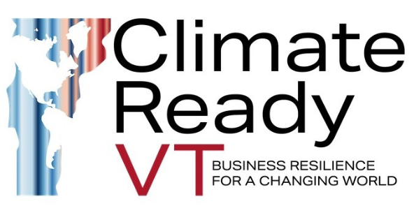 Climate Ready VT Logo vertical blue and red bars in shape of Vermont with cutouts of western hemisphere continents