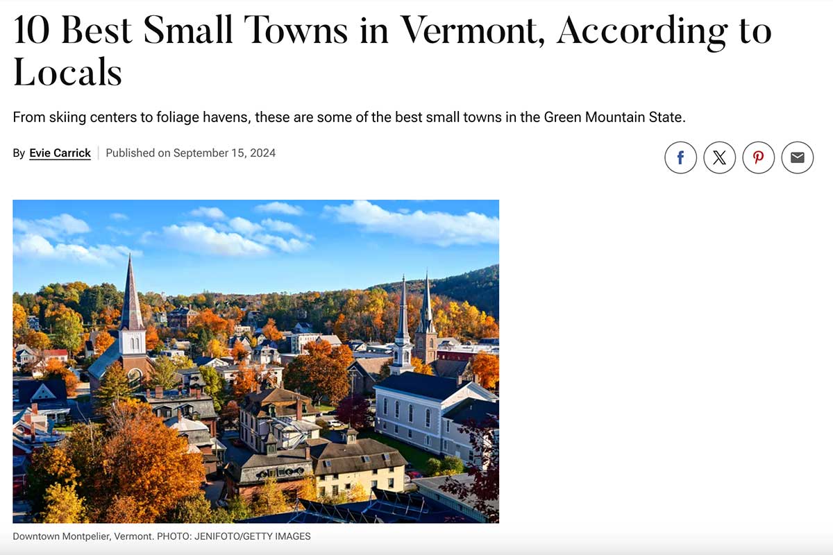 Screenshot of Travel & Leisure Magazine's article "10 Best Small Towns in Vermont, According to Locals"