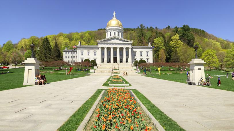 A view of the Vermont State House front with spring flowers in front and greening trees behind