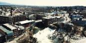 Aerial view of downtown Middlebury and the waterfall in the winter