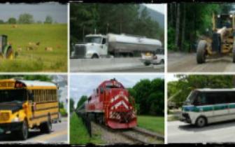 a collage of six photos of diesel vehicles including a tractor, a fuel truck, a school bus, a road grader, a train and a charter bus