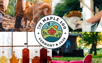 Four maple themed photos with the Maple 100 logo in the center