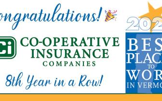 Graphic congratulating Co-operative Insurance Companies on receiving a Best Places to Work in Vermont designation for the 8th year